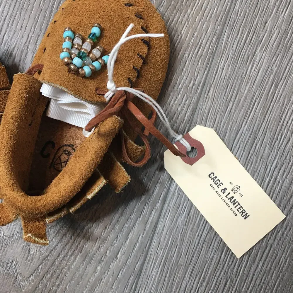 NWT Cage & Lantern Hand Made Leather Beaded Slip On Moccasin Suede Brown 5